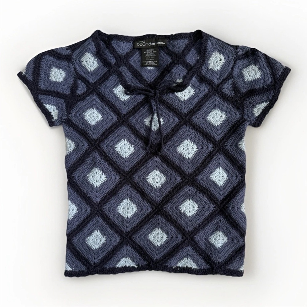 Vintage No Boundaries Crochet Knit Grannycore Square Top Medium Blue Boho Y2k